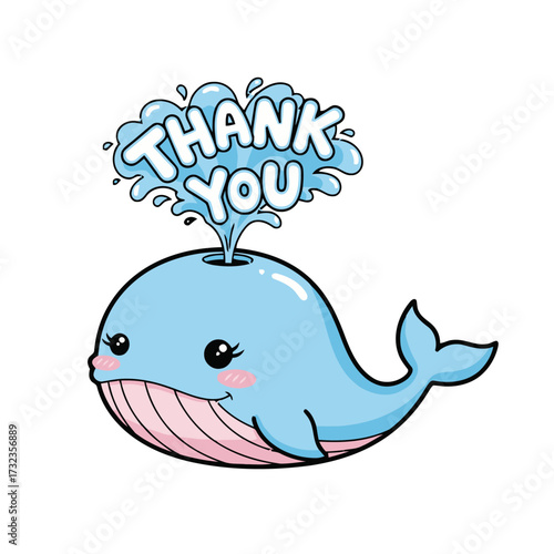 Adorable cartoon whale spouting water that forms the words thank you, , representing joyful and refreshing expression gratitude and appreciation