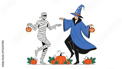 Spooky Halloween Dance: A charming scene of a mummy and wizard, both adorned in festive attire, engaged in a spirited dance alongside Halloween pumpkins.