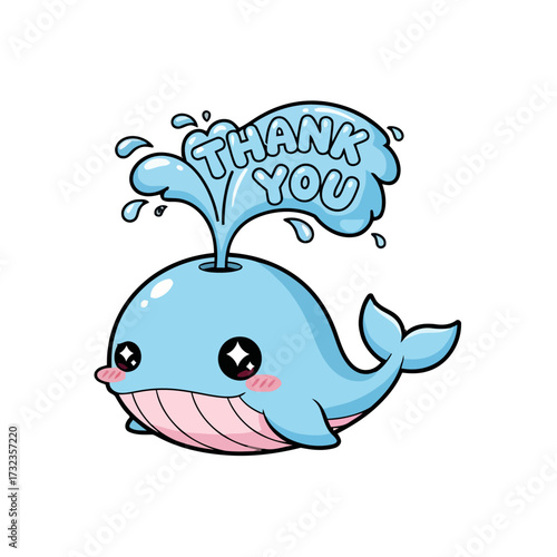 Charming cartoon whale spouting water with thank you text inside the spray