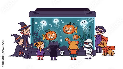 Halloween Aquarium: A whimsical and captivating illustration of children in charming Halloween costumes gathered around an aquarium adorned with pumpkin decorations and ethereal jellyfish.