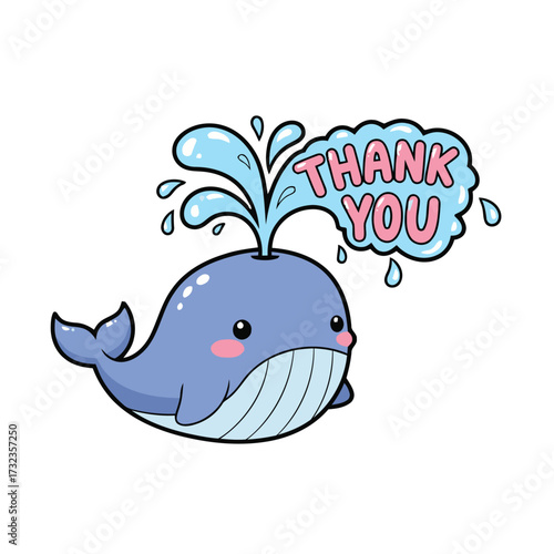 Adorable cartoon whale spouting water with thank you speech bubble