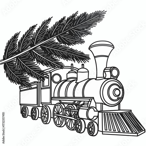 Classic steam train illustration transporting a large christmas tree vector graphic silhouette white background