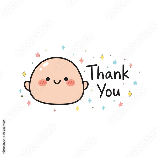 Adorable cartoon bald head with rosy cheeks and happy smile, accompanied by the text thank you in simple black font, with colorful sparkling stars in the