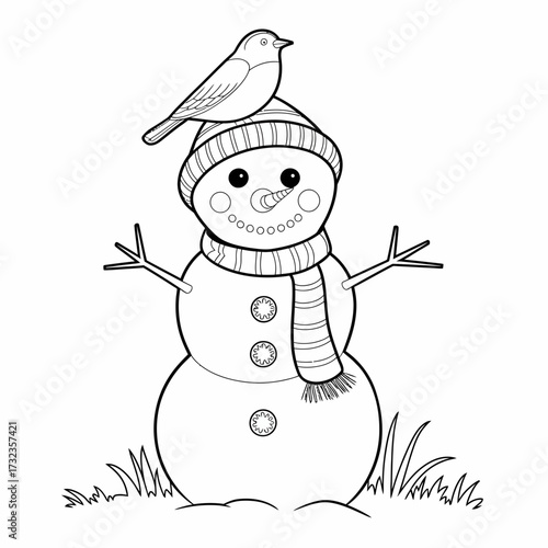 Charming black and white vector illustration of a snowman with a bird on its hat silhouette white background