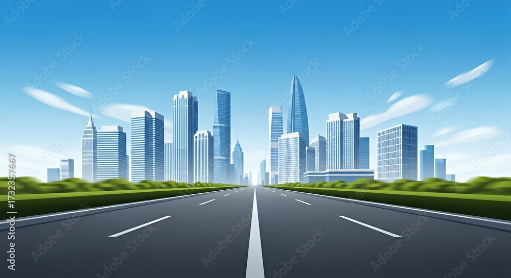 Obraz premium Modern City Skyline with Tall Skyscrapers and Clear Blue Sky