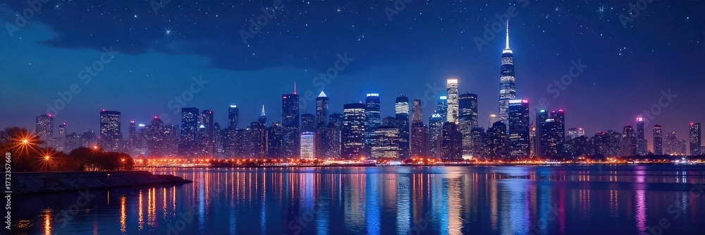 Obraz premium A vibrant city skyline at night, twinkling stars reflecting in the illuminated cityscape, creating a magical atmosphere of urban nightlife , magical, twinkling