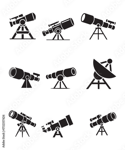 Astronomy Telescope Icon Set Black Silhouette Vector Collection.