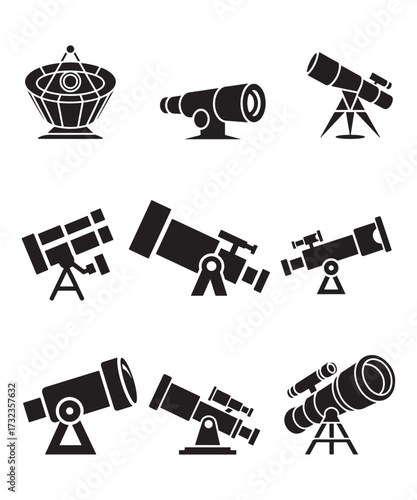 Astronomy Telescope Icon Set Black Silhouette Vector Collection.