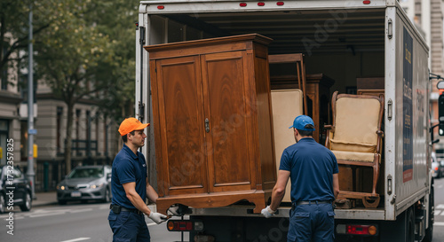 Two movers loaded the furniture into a truck, and a large wooden cabinet was placed last. Every move is a memory of a past stage of life.