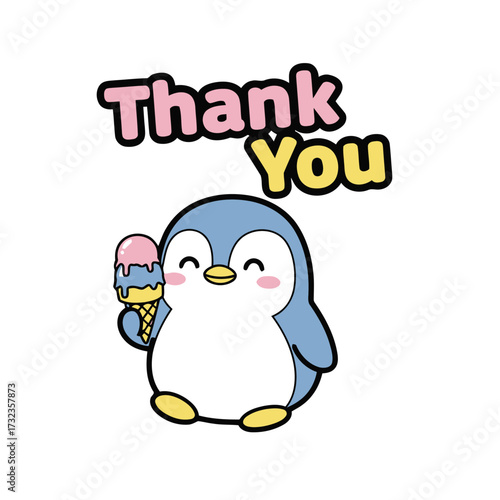 Charming cartoon penguin holding colorful ice cream cone, with thank you text above, , perfect for sweet and delightful expression gratitude