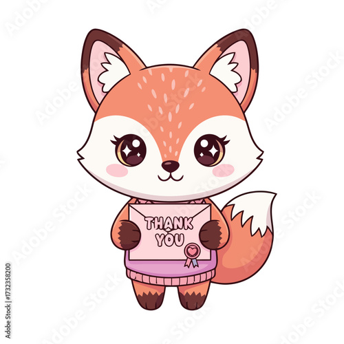 Adorable cartoon fox wearing pink sweater and holding thank you envelope