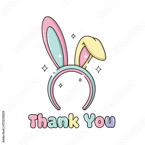 Cute cartoon bunny ears headband with sparkling stars and the text thank you isolated on transparent, perfect for greeting cards or party decorations