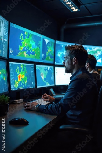 A team of meteorologists intensely analyzes weather data on multiple screens, surrounded by complex meteorological equipment in a modern weather forecasting office , tornado, prediction, rain