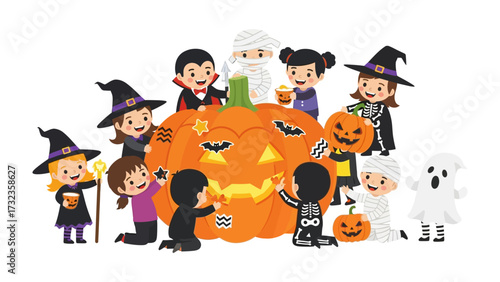 Halloween Pumpkin Crafting: A vibrant collection of children in charming Halloween costumes gathers to carve a whimsical pumpkin, symbolizing the enchanting spirit of the holiday.
