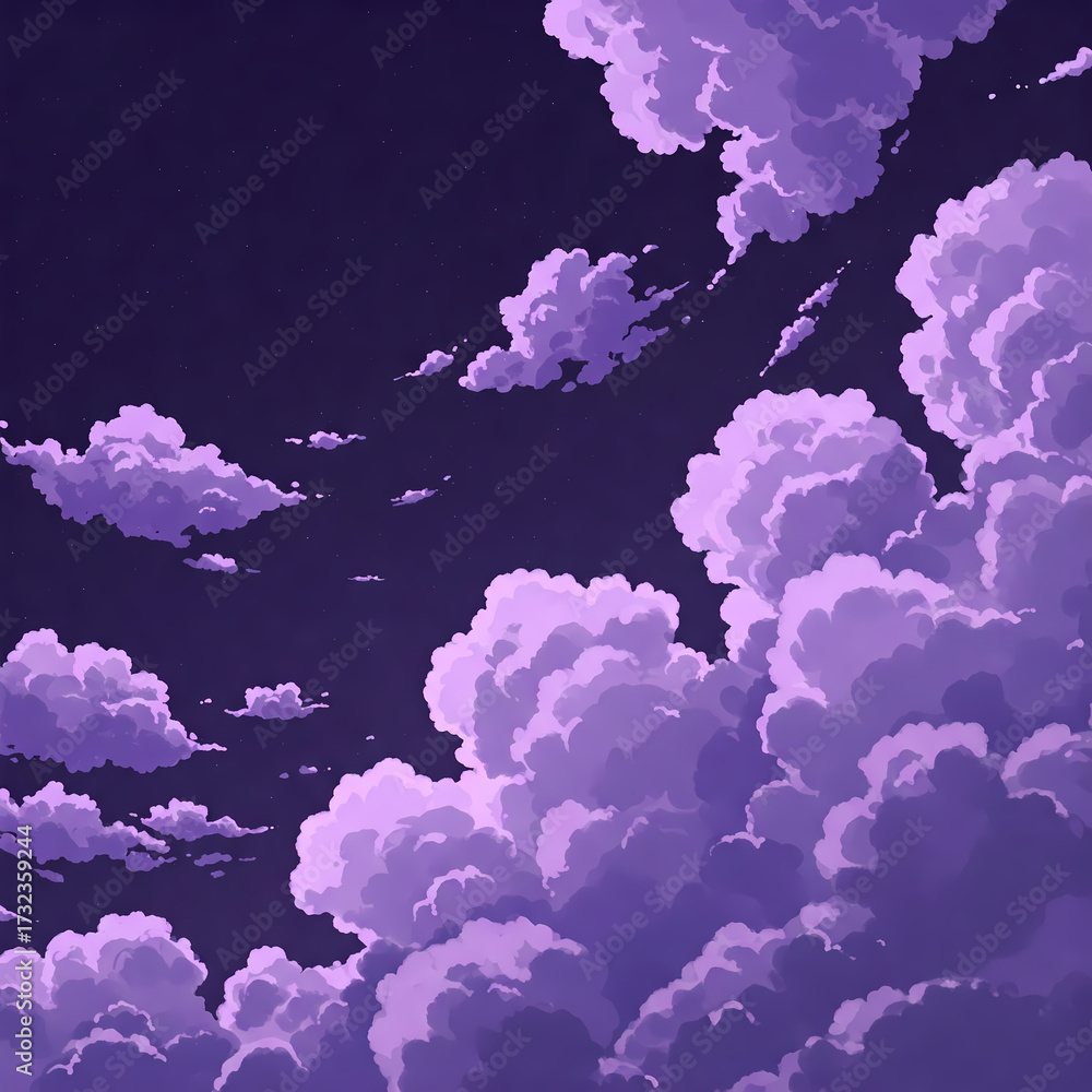 Fototapeta premium Beautiful purple clouds in a dark night sky, anime style background.