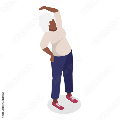 3D Isometric Flat Vector Illustration of Elderly Various Exercises, Active Seniors Engaging In Stretching, Cardio, Yoga, Pilates. Item 5