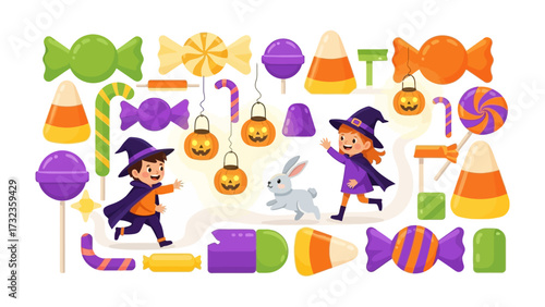Halloween Candy Delight: A festive collection of whimsical candy, Halloween characters and jack-o'-lanterns, creating a sense of joyful Halloween fun and anticipation.