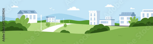 House buildings, grass hills, green suburban neighborhood. Summer landscape panorama with sky, clouds, road and apartment structures in eco urban district, suburbia scenery. Flat vector illustration.