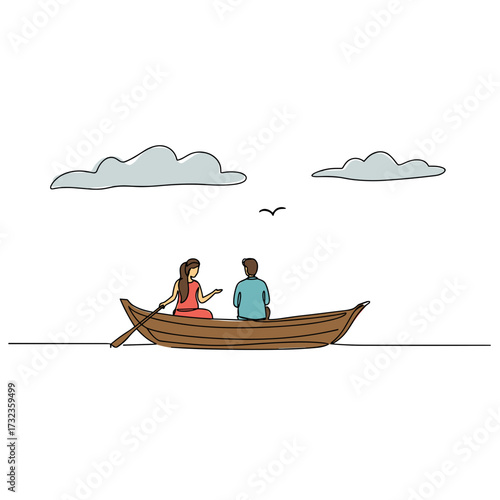 Young couple talking while sitting in a boat under cloudy sky  