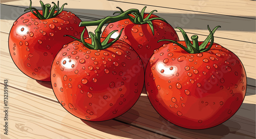 Fresh ripe tomatoes with water droplets on wooden table in natural sunlight
