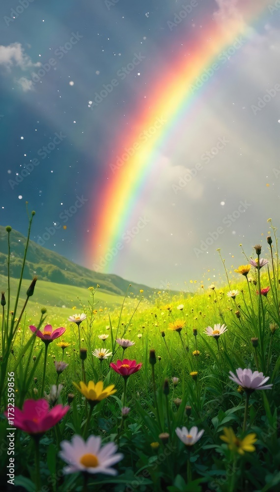 Naklejka premium A vibrant rainbow arcing over a lush green meadow, sunlight illuminating wildflowers and dew-kissed grass Nature's breathtaking spectacle captured at dawn , tranquil, idyllic