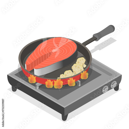 3D Isometric Flat Vector Set of Field Kitchen Elements, Cooking Food On Camp Stoves. Item 2