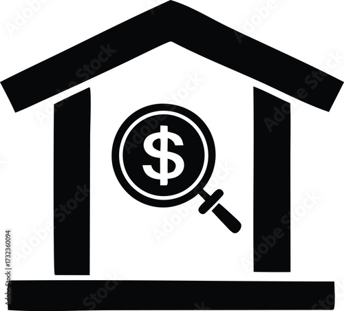 Magnifying glass over dollar sign inside house silhouette icon symbol finance real estate investment search