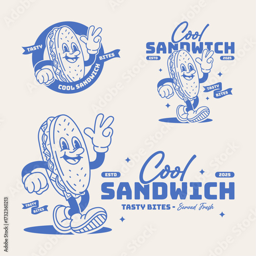 Retro rubber hose style mascot of a smiling sandwich character walking and making a peace gesture. Vintage cartoon illustration with typography for cafe branding and food packaging.