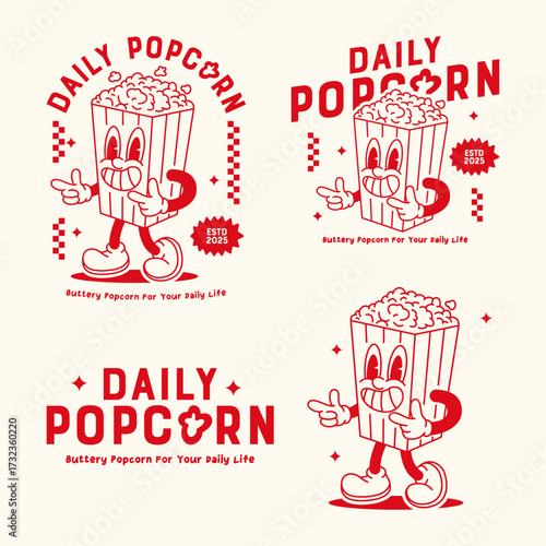 Retro rubber hose style mascot of a cheerful popcorn character in a striped box. Vintage cartoon illustration with typography for cinema snack branding and packaging.