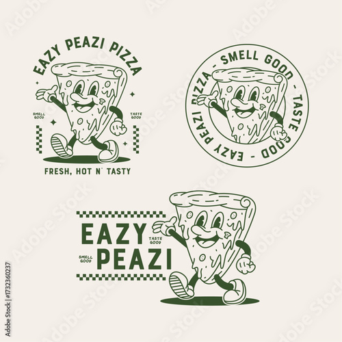 Retro cartoon logo of a smiling pizza slice mascot with melting cheese and tasty toppings. Vintage illustration for pizza restaurant branding and food packaging.