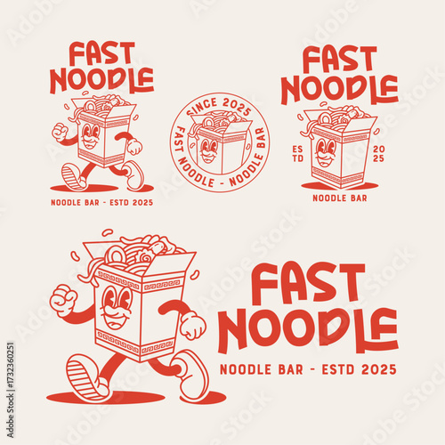 Retro cartoon logo of a happy noodle box mascot walking with a joyful expression. Vintage illustration for restaurant branding and food packaging.