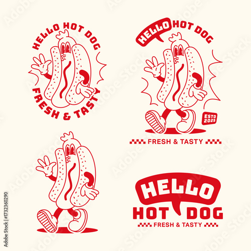 Retro rubber hose style mascot of a cheerful hot dog character with sesame seed details. Vintage cartoon illustration with typography for fast food restaurant branding.