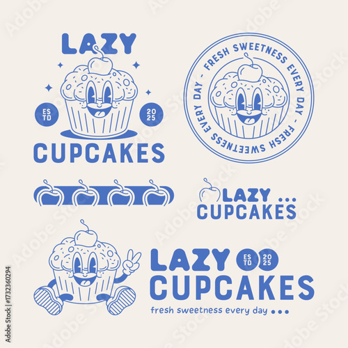 Retro cartoon logo of a cute cupcake mascot with a cherry on top. Playful vintage illustration for bakery branding, dessert shop identity, and sweet food packaging.