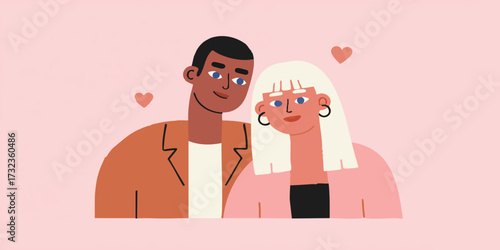 Two figures sharing an intimate moment against a gentle pink backdrop. Their connection radiates warmth and affection. This artfully designed illustration captures the essence of love and tenderness.