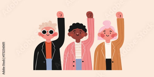 An illustration that embodies unity and empowerment, depicts three individuals raising their fists in solidarity. The artwork focuses on celebrating diversity and strength.