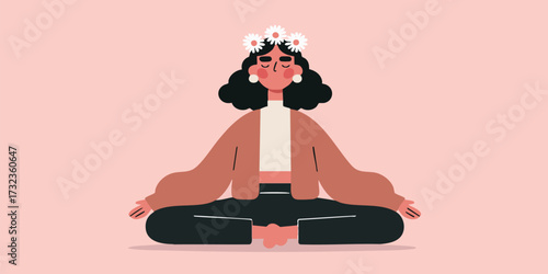 A serene illustration capturing a woman's moment of mindful meditation. With closed eyes and a flower crown, she embodies peace, well-being, and self-care in a minimalist style.