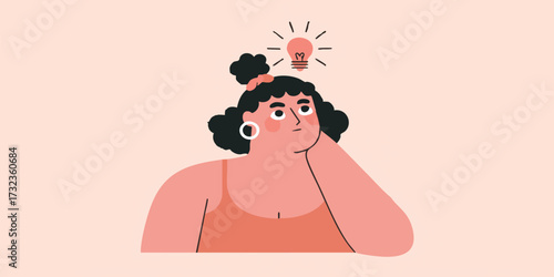 An illustration of a woman with curly hair, hand on the chin, and a lightbulb. A graphical representation of an idea or thought with a lightbulb floating above the person's head. 