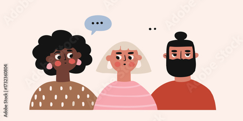 A diverse trio of people engaged in a lively conversation. Capturing the essence of dialogue and collaboration, set against a clean and vibrant background.