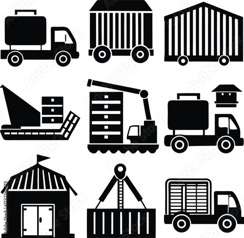 Diverse silhouettes of transportation and logistics vehicles including trucks ships cranes and warehouses for delivery and shipping services