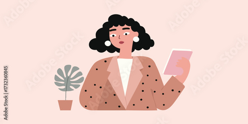 A stylish woman reviews her notes, radiating confidence and ambition. Set against a soft, inviting backdrop, the illustration captures the essence of modern professionalism.