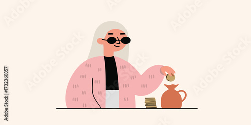 A stylized illustration of a fashionable woman with long blonde hair and sunglasses, wearing a pink cardigan, deposits a coin into a ceramic money pot. A small stack of coins sits beside the pot.