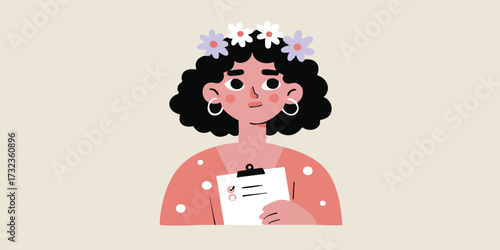 A young woman, wearing a floral crown, gazes with a thoughtful expression, holding a clipboard in a stylized illustration that hints at creative expression.