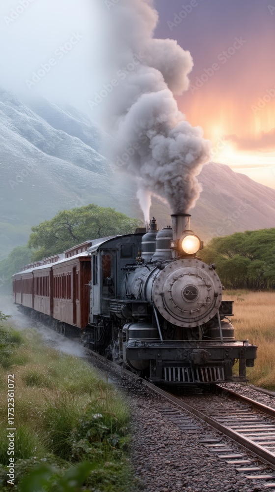 Obraz premium Vintage Train in the Mountains at Sunset