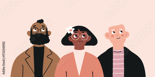 Three friendly individual portraits, each radiating a unique sense of style, showcasing a modern graphic design approach, set against a harmonious backdrop. 