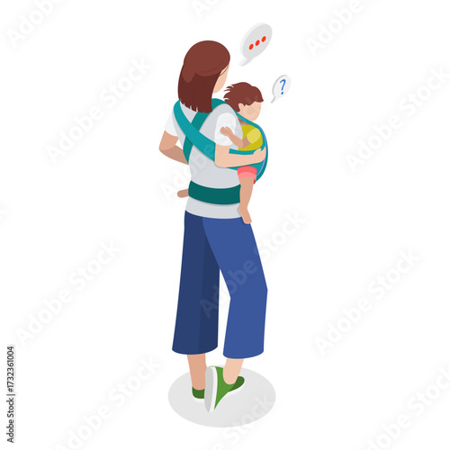 3D Isometric Flat Vector Illustration of Mothers Caring Childs in Baby Sling, Motherhood and Parenting. Item 2