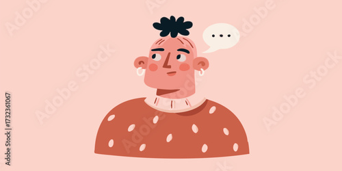 A thoughtful individual contemplates a thought or idea, symbolized by a speech bubble floating above their head. The simple, colorful illustration focuses on expression and communication.