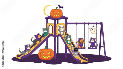 Halloween Cats at Playground: Cute, costumed cats enjoying a whimsical Halloween at a vibrant playground, under the moonlight, with jack-o'-lanterns.