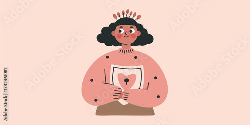 A warmhearted illustration of a queen with a charming heart, holding a heart-shaped document. This artistic piece conveys the gentle emotion and love.