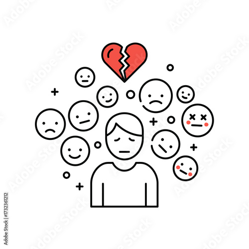 Vector Illustration of Sad Man with Broken Heart and Emoji Faces Modern Style