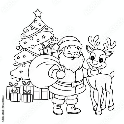 Charming vector christmas illustration for children featuring santa claus and reindeer with gifts silhouette white background
